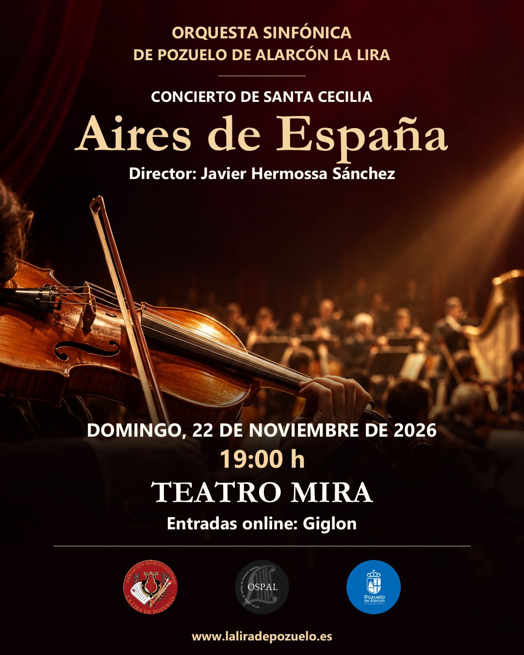 Cartel del concierto de Santa Cecilia de OSPAL, dirigido por Javier Hermossa Sánchez, el 22 de noviembre de 2026 a las 19:00 h en el Teatro MIRA.