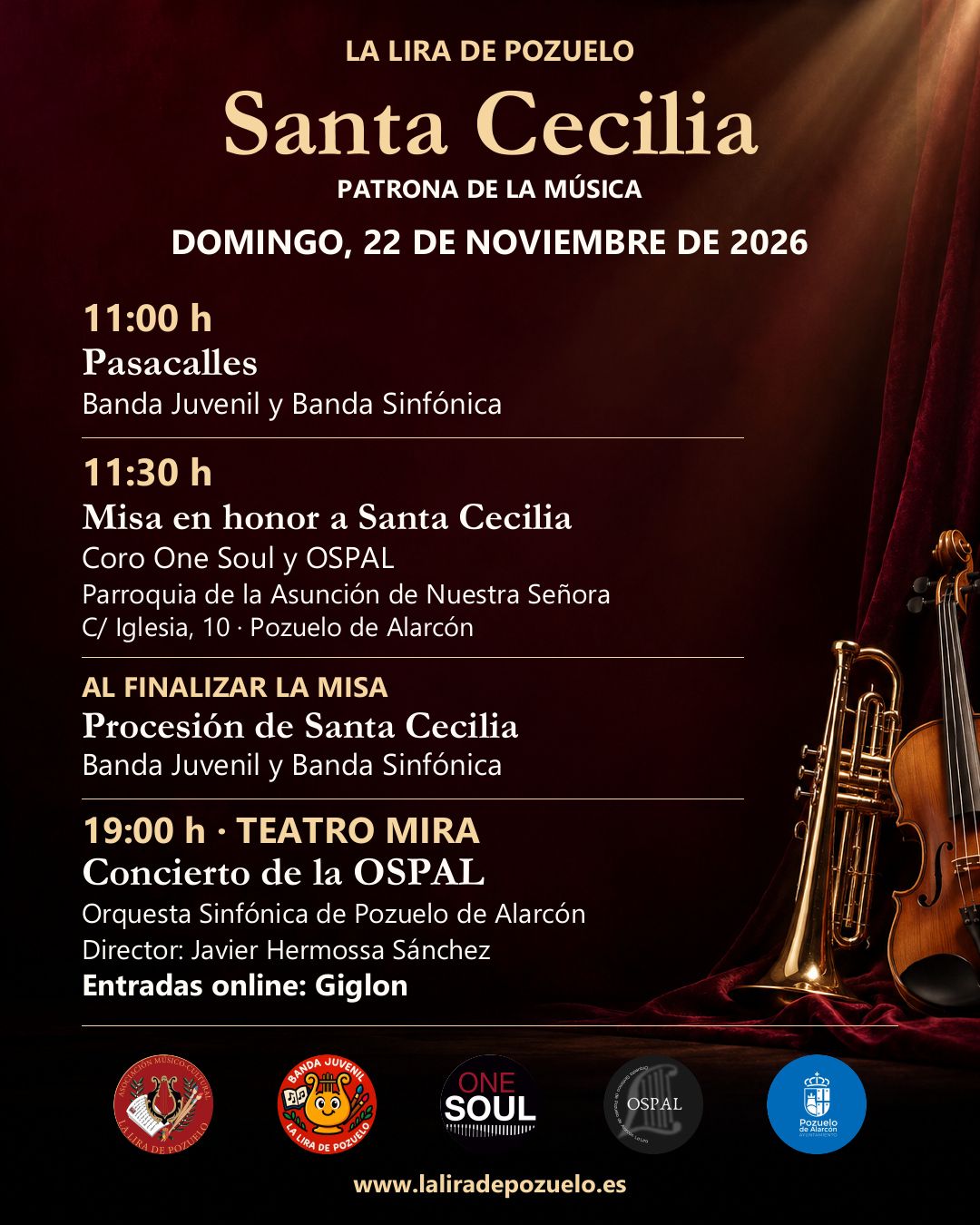 Santa Cecilia 2026 en Pozuelo · Programa de La Lira Cartel del programa de Santa Cecilia 2026 de La Lira de Pozuelo: pasacalles, misa, procesión y concierto el 22 de noviembre.